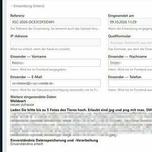 Redaktions-Ansicht einer Tier-Anzeige: interne Informationen